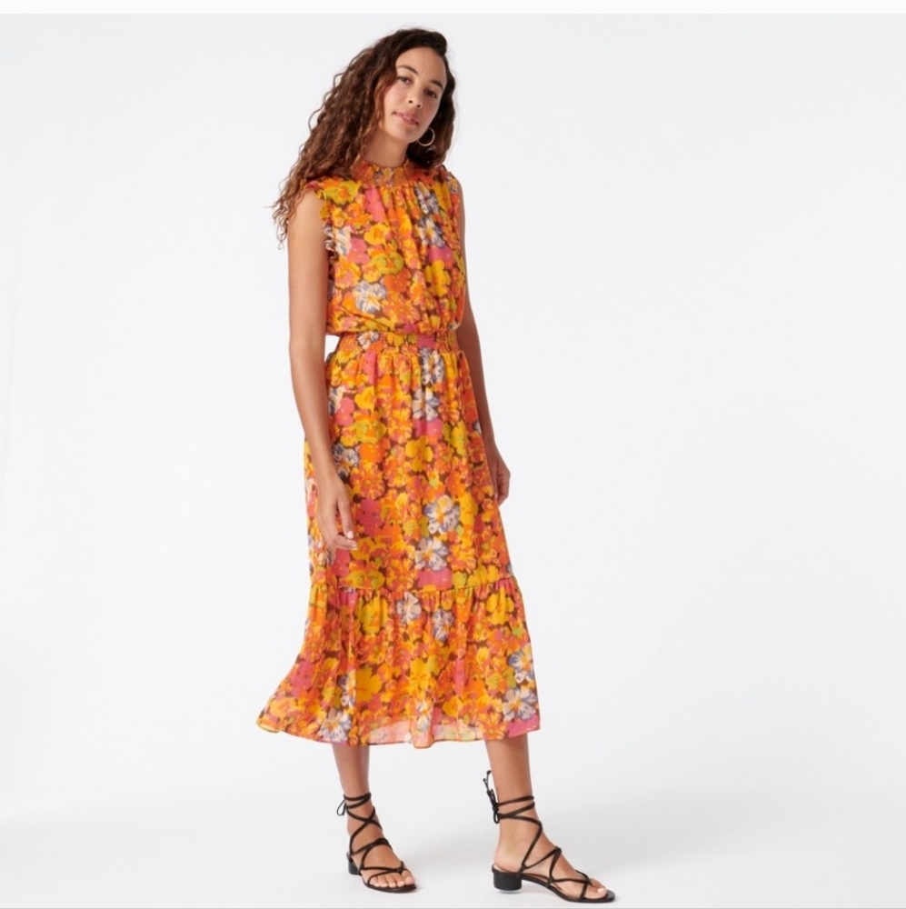 ✨️NWT J. CREW Smoked-waist In Sunset Floral Orange Midi Dress Size ST